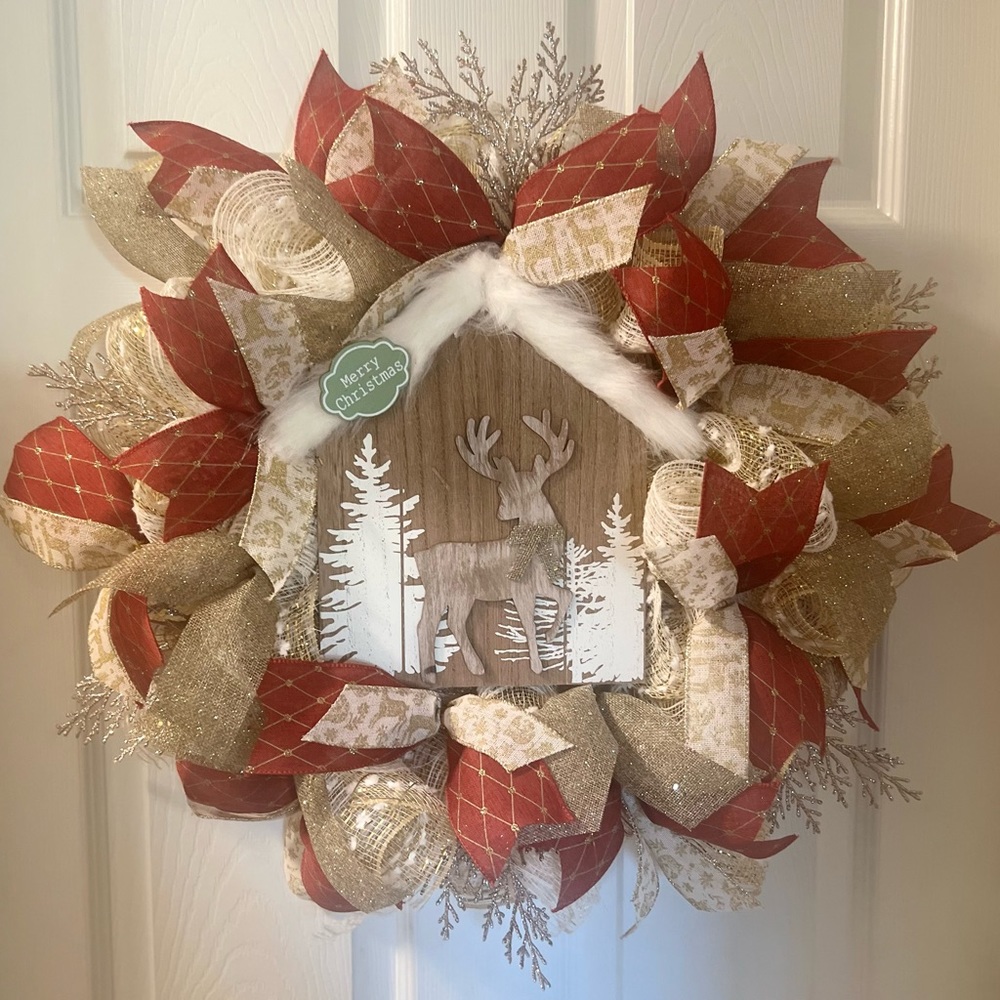 Gold and Reindeer themed ribbon and mesh wreath